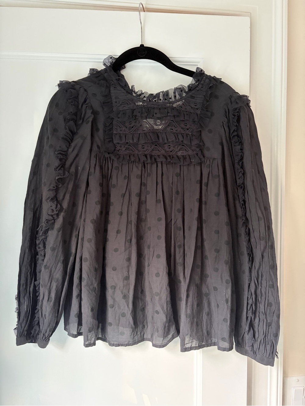 Ulla Johnson Black Polka Dot Lace-Trim Blouse